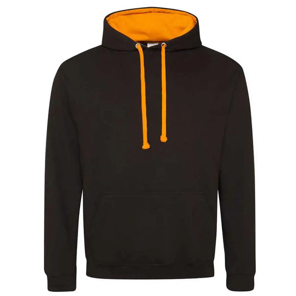 Just Hoods College Varsity Hoodie - JH003 in jet black with orange crush drawcords and hood lining against a white background
