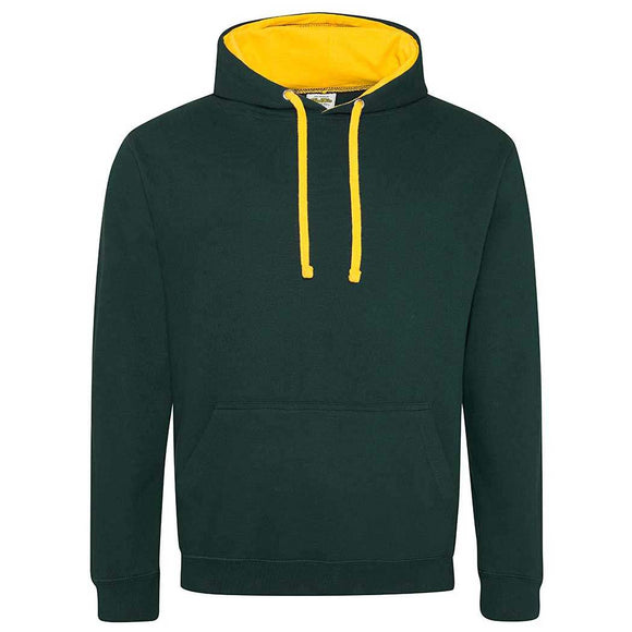 Just Hoods College Varsity Hoodie - JH003 in forest green with gold drawcords and hood lining against a white background