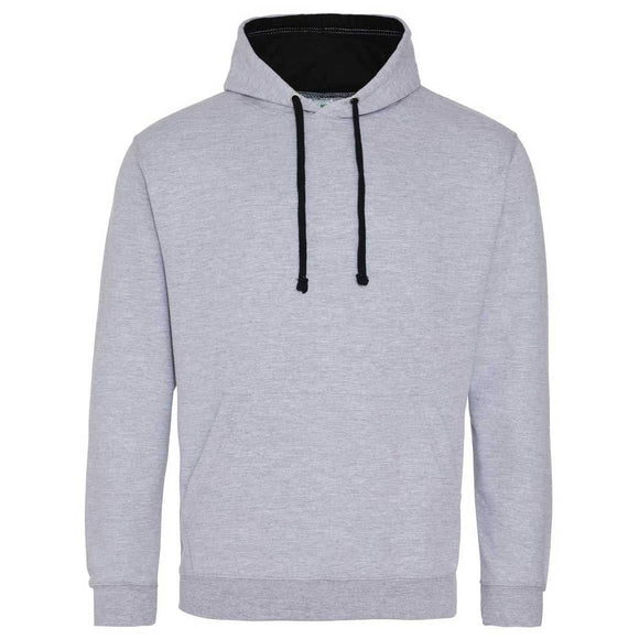 Just Hoods College Varsity Hoodie - JH003 in heather grey with jet black drawcords and hood lining against a white background