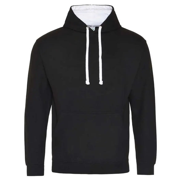 Just Hoods College Varsity Hoodie - JH003 in jet black with arctic white drawcords and hood lining against a white background