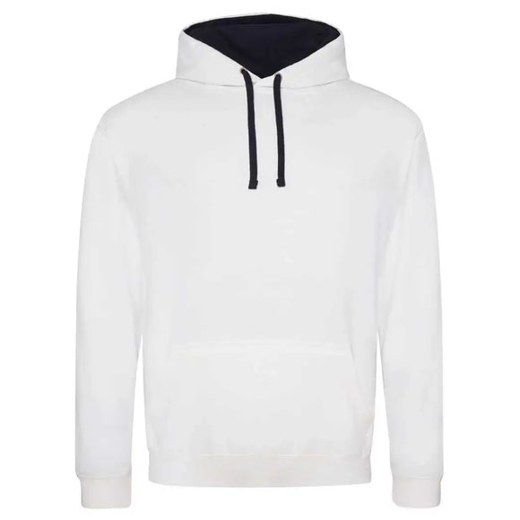 Just Hoods College Varsity Hoodie - JH003 in arctic white with french navy drawcords and hood lining against a white background