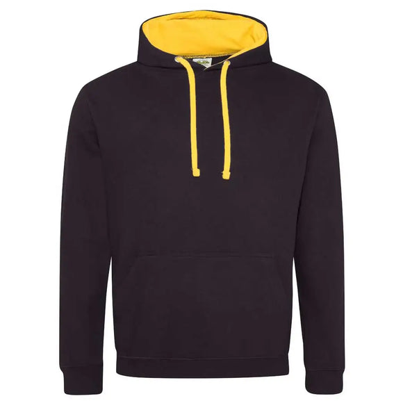 Just Hoods College Varsity Hoodie - JH003 in jet black with gold drawcords and hood lining against a white background