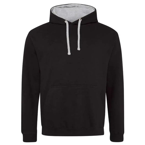 Just Hoods College Varsity Hoodie - JH003 in jet black with heather grey drawcords and hood lining against a white background