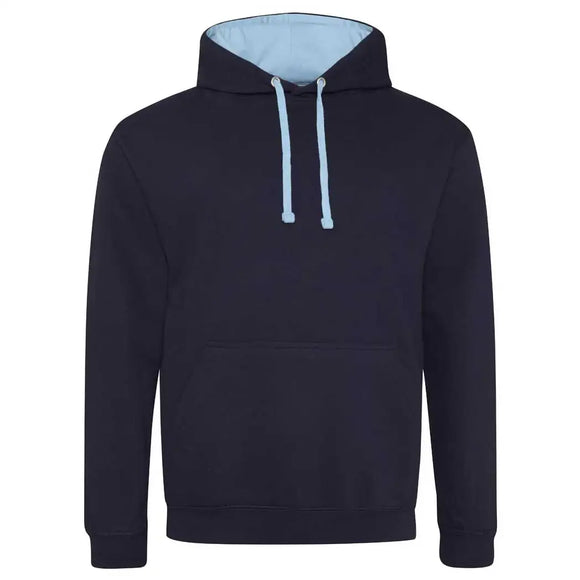 Just Hoods College Varsity Hoodie - JH003 in new french with sky blue drawcords and hood lining against a white background