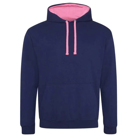 Just Hoods College Varsity Hoodie - JH003 in oxford navy with candy floss pink drawcords and hood lining against a white background