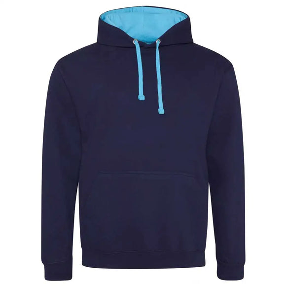 Just Hoods College Varsity Hoodie - JH003 in oxford navy with hawaiian blue drawcords and hood lining against a white background