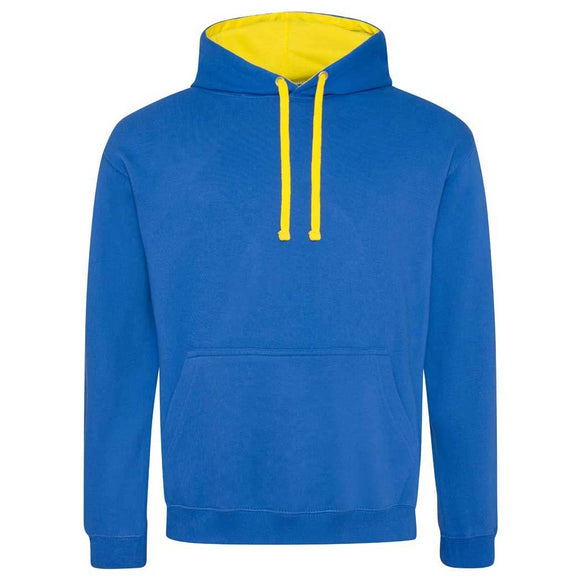 Just Hoods College Varsity Hoodie - JH003 in royal blue with sun yellow drawcords and hood lining against a white background