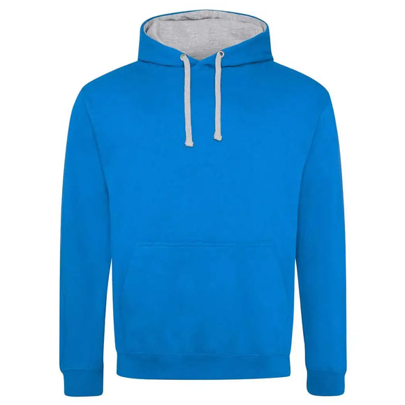 Just Hoods College Varsity Hoodie - JH003 in sapphire blue with heather grey drawcords and hood lining against a white background