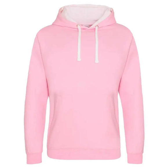 Just Hoods College Varsity Hoodie - JH003 in baby pink with arctic white drawcords and hood lining against a white background