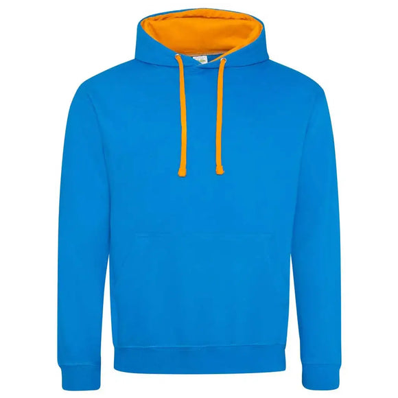 Just Hoods College Varsity Hoodie - JH003 in sapphire blue with orange crush drawcords and hood lining against a white background