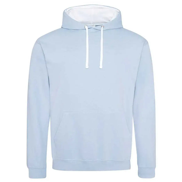 Just Hoods College Varsity Hoodie - JH003 in sky blue with arctic white drawcords and hood lining against a white background