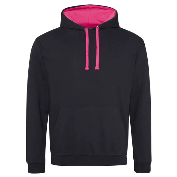 Just Hoods College Varsity Hoodie - JH003 in jet black with hot pink drawcords and hood lining against a white background
