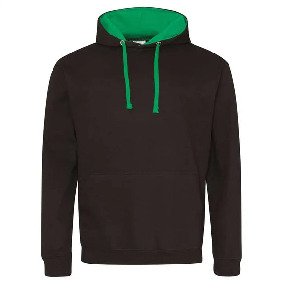 Just Hoods College Varsity Hoodie - JH003 in jet black with kelly green drawcords and hood lining against a white background
