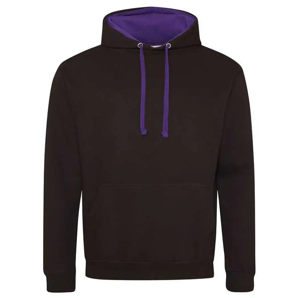 Just Hoods College Varsity Hoodie - JH003 in jet black with purple drawcords and hood lining against a white background