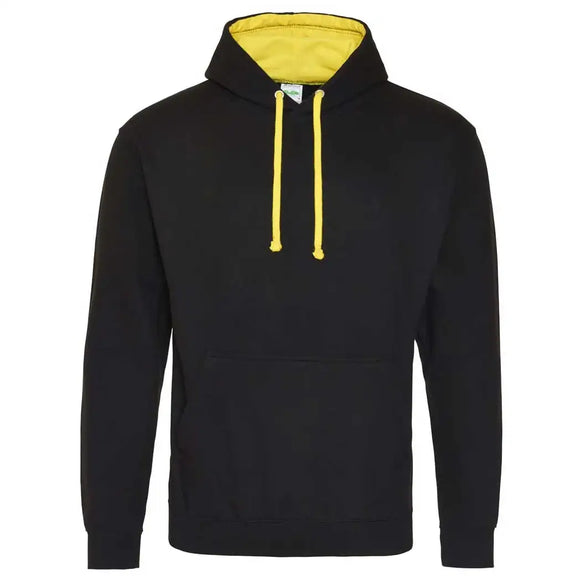 Just Hoods College Varsity Hoodie - JH003 in jet black with sun yellow drawcords and hood lining against a white background