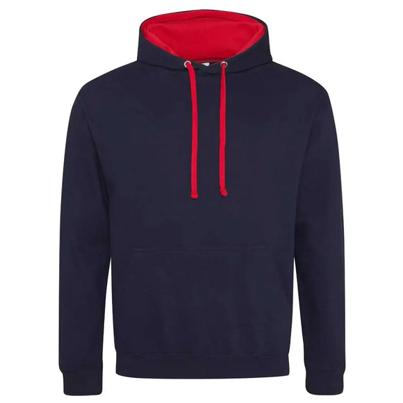 Just Hoods College Varsity Hoodie - JH003 in new french navy with fire red drawcords and hood lining against a white background
