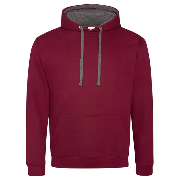 Just Hoods College Varsity Hoodie - JH003 in burgundy with charcoal grey drawcords and hood lining against a white background