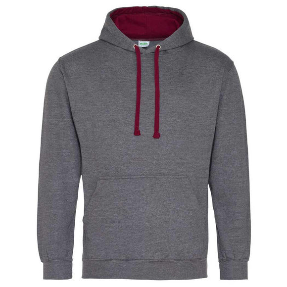 Just Hoods College Varsity Hoodie - JH003 in charcoal grey with burgundy drawcords and hood lining against a white background
