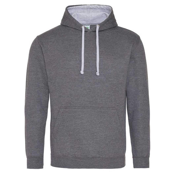 Just Hoods College Varsity Hoodie - JH003 in charcoal grey with heather grey drawcords and hood lining against a white background