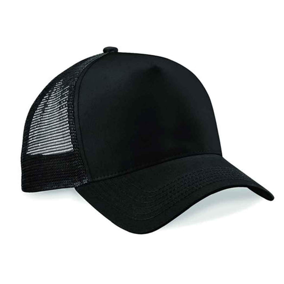 Beechfield B640 Black mesh trucker cap on a white background