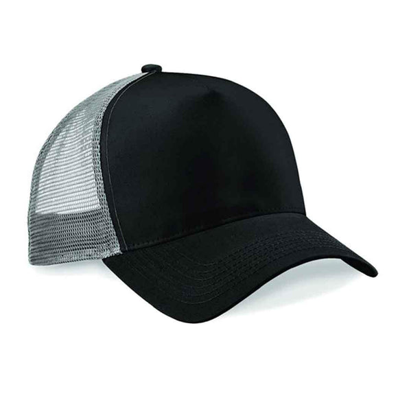 Beechfield B640 Black and light grey mesh trucker cap on a white background