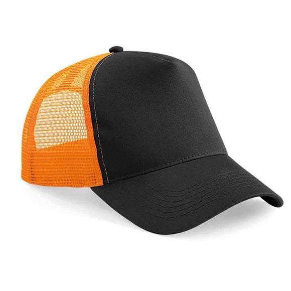 Beechfield B640 Black and orange mesh trucker cap on a white background