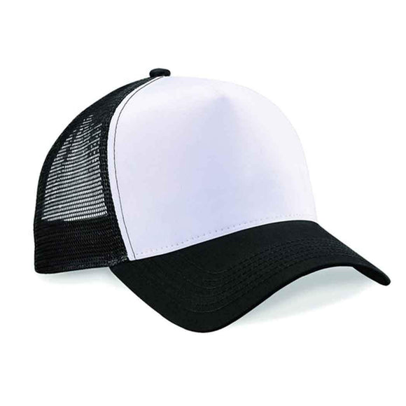 Beechfield B640 Black and white trucker cap on a white background