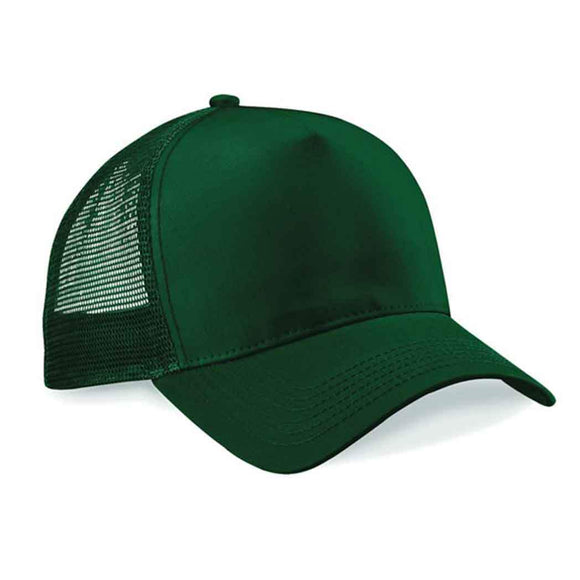 Beechfield B640 Bottle Green mesh trucker cap on a white background