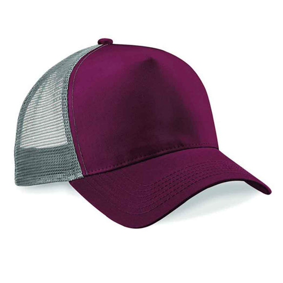 Beechfield B640 burgundy and light grey mesh trucker cap on a white background