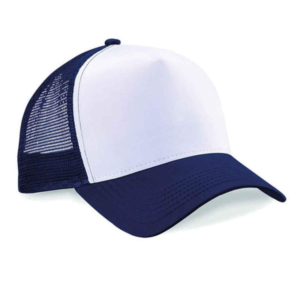 Beechfield B640 French navy and White trucker cap on a white background