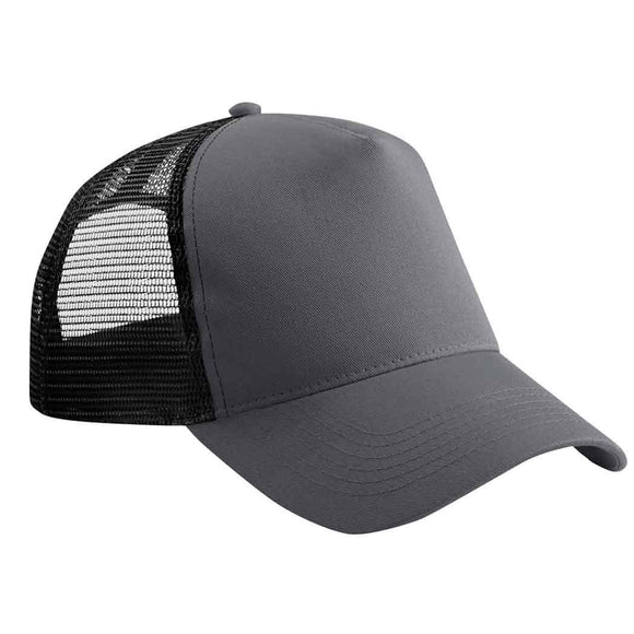 Beechfield B640 graphite grey trucker cap with black mesh back on a white background