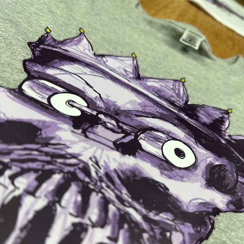 Cartoon raccoon with large eyes and a purple hat on a textured background