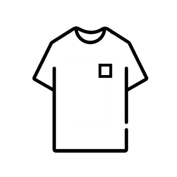 Black line drawing of a t-shirt on a white background