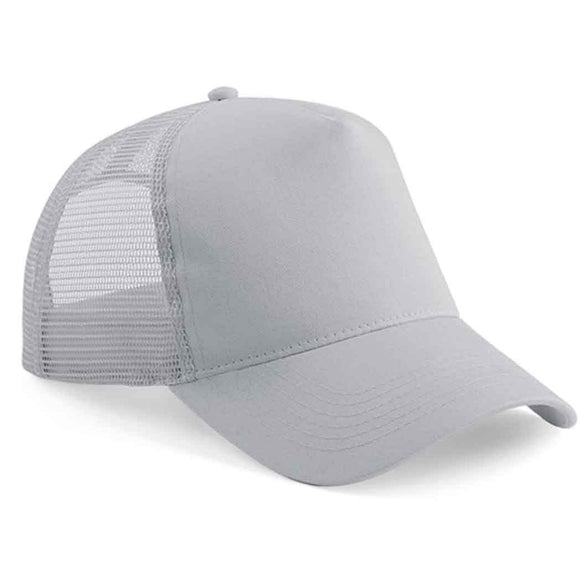 Beechfield B640 Light grey mesh trucker cap on a white background