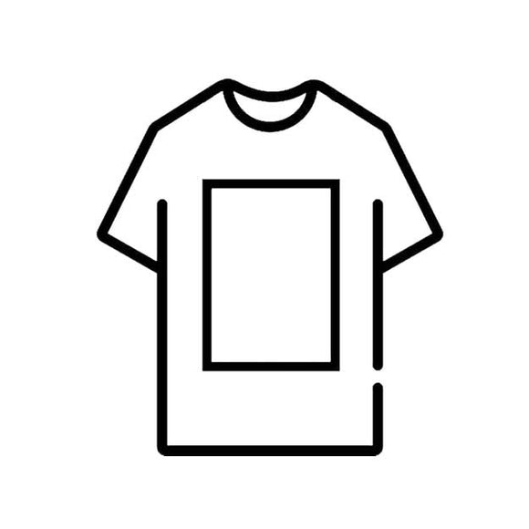 Black line drawing of a t-shirt with a square placeholder on a white background