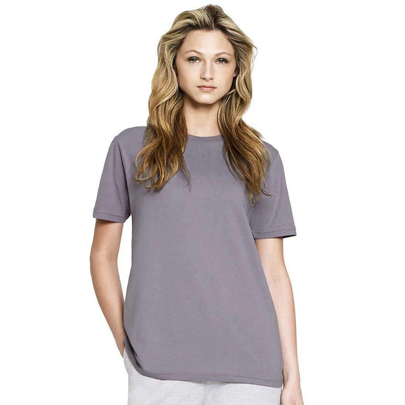 A woman wearing a storm grey EarthPositive classic jersey T-shirt. Continental Clothing EarthPositive Classic Jersey - EP01