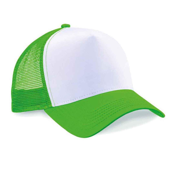 Beechfield B640 pure green and white trucker cap with mesh back on a white background