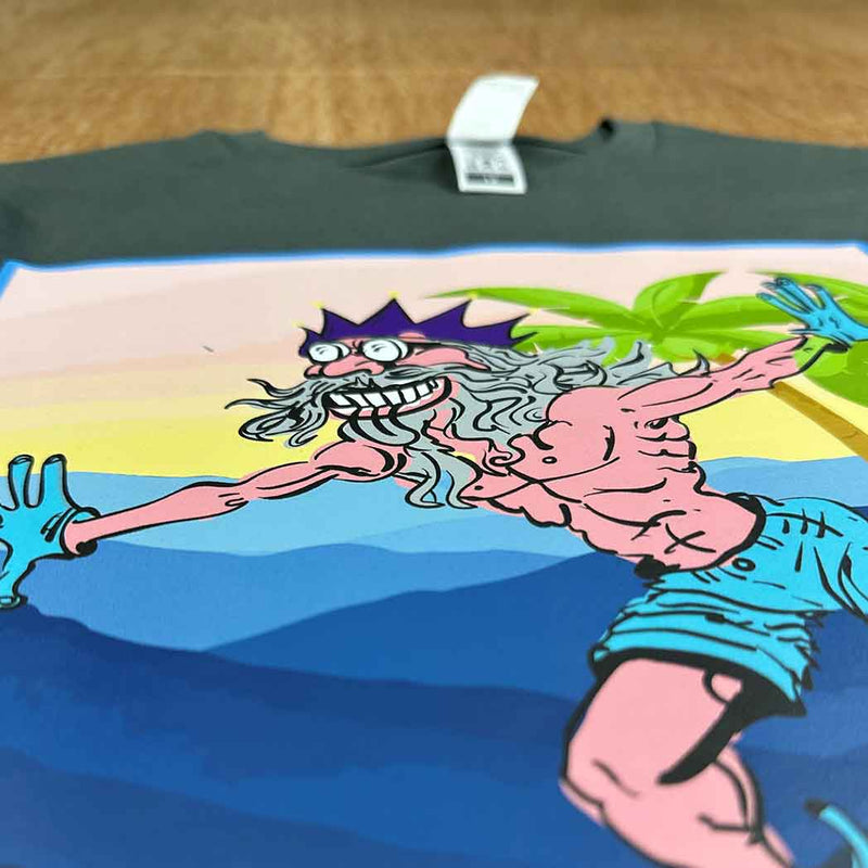 T-shirt with a colorful graphic design of a cartoon character on a rainbow background.