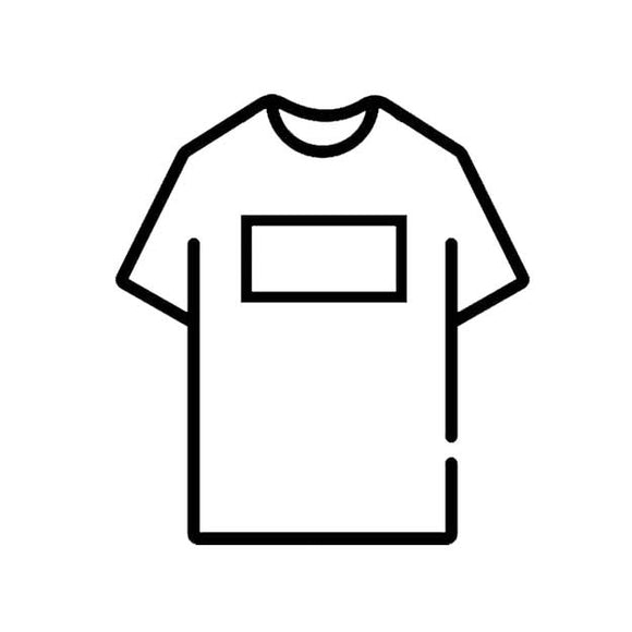 Black line drawing of a t-shirt with a rectangular design on a white background