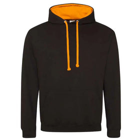 Just Hoods College Varsity Hoodie - JH003 in jet black with orange crush drawcords and hood lining against a white background