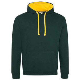 Just Hoods College Varsity Hoodie - JH003 in forest green with gold drawcords and hood lining against a white background