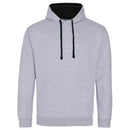 Just Hoods College Varsity Hoodie - JH003 in heather grey with jet black drawcords and hood lining against a white background