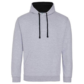 Just Hoods College Varsity Hoodie - JH003 in heather grey with jet black drawcords and hood lining against a white background