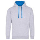 Just Hoods College Varsity Hoodie - JH003 in heather grey with sapphire blue drawcords and hood lining against a white background