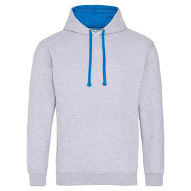 Just Hoods College Varsity Hoodie - JH003 in heather grey with sapphire blue drawcords and hood lining against a white background