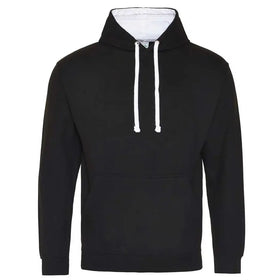 Just Hoods College Varsity Hoodie - JH003 in jet black with arctic white drawcords and hood lining against a white background