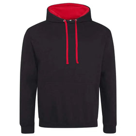 Just Hoods College Varsity Hoodie - JH003 in jet black with fire red drawcords and hood lining against a white background