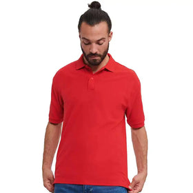 A man wearing a bright red polo shirt with a collar against a white background. Russell Classic Polycotton Polo - 539M