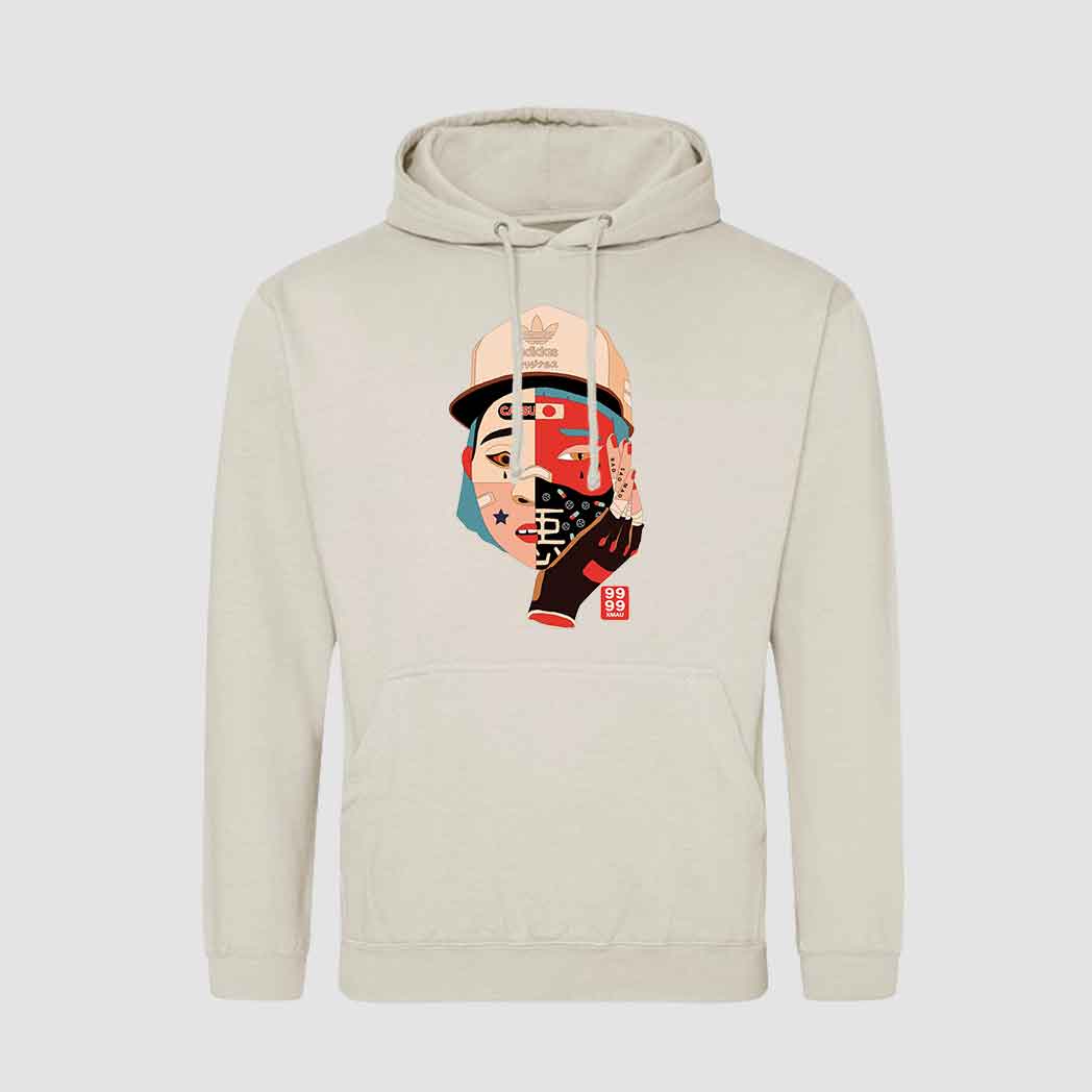 Beige hoodie with a graphic design on a white background