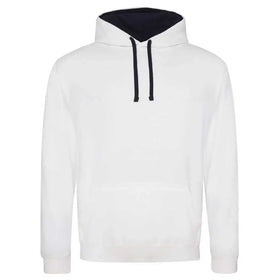 Just Hoods College Varsity Hoodie - JH003 in arctic white with french navy drawcords and hood lining against a white background